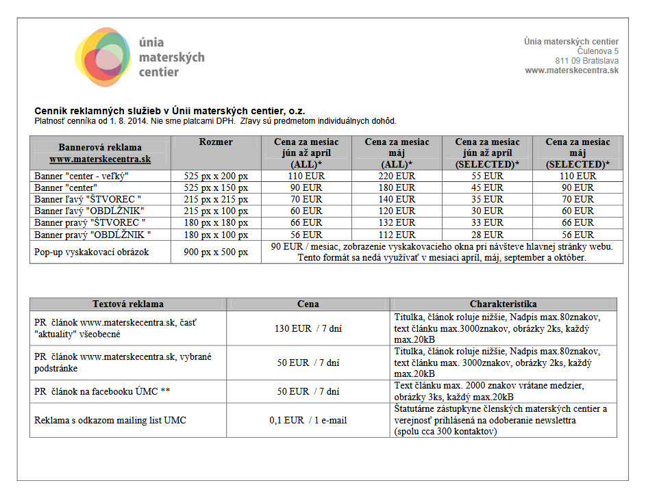 Cenník inzercia, Únia materských centier